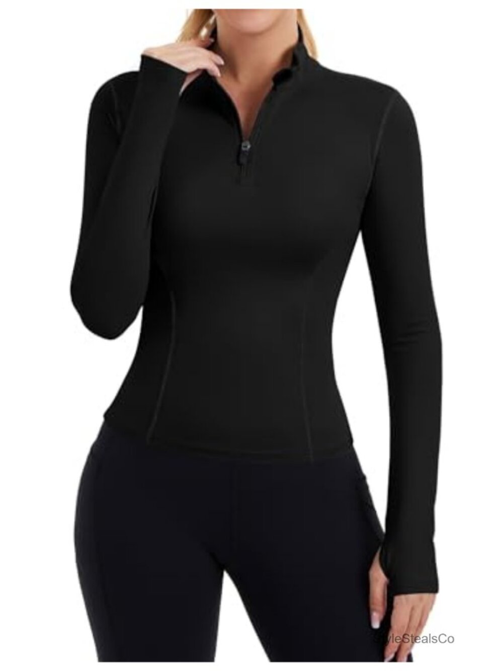 Women's Quarter Zip Crop Pullover Long Sleeve Slim Fit Workout Top Thumb Hole